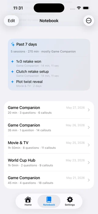 The Wombow notebook on iPhone, listing saved sessions and their highlights
